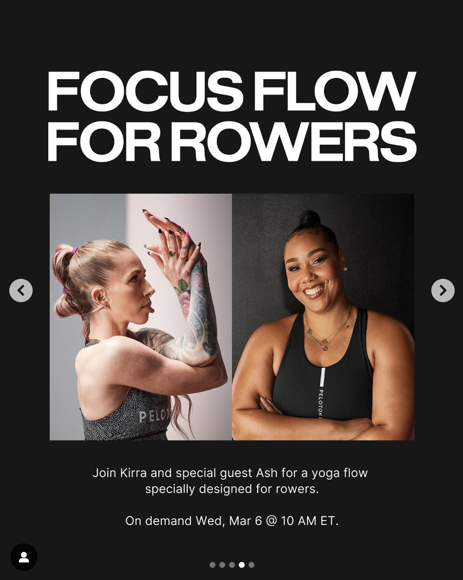 Peloton’s “This Week at Peloton” Instagram post highlighting Focus Flow for Rowers. Image credit Peloton social media.